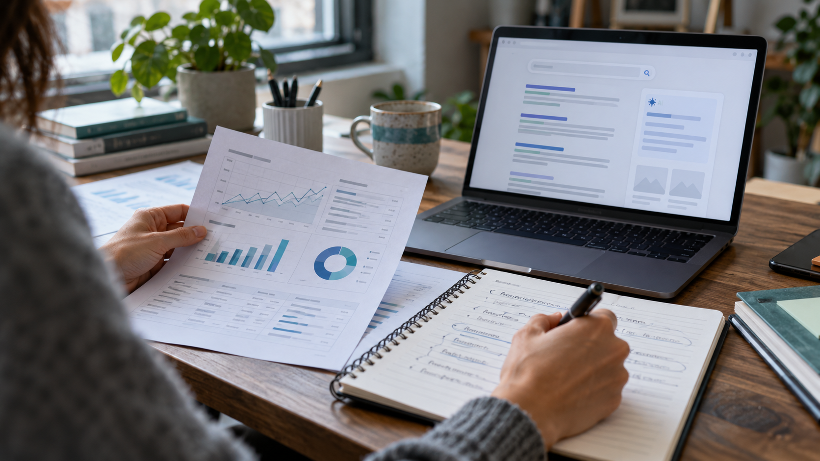 Analyse de contenus et de résultats de recherche sur un bureau.